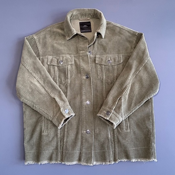 Zara Outerwear Corduroy Trucker Jacket | Size XS | Olive‎ Green Fringe Hem - Picture 2 of 9